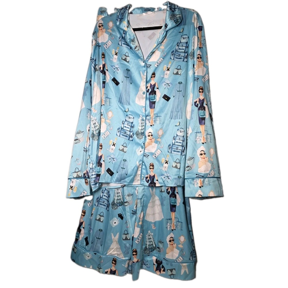 SHESHOW Breakfast at Tiffany's Satin Pajama Set  Long Sleeve Blue Size XXL